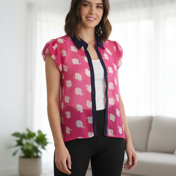 Dresscode Chiffon Sheer Pink Apple Print Collared Hi-Low Hem Button Blouse S-M - Picture 1 of 10